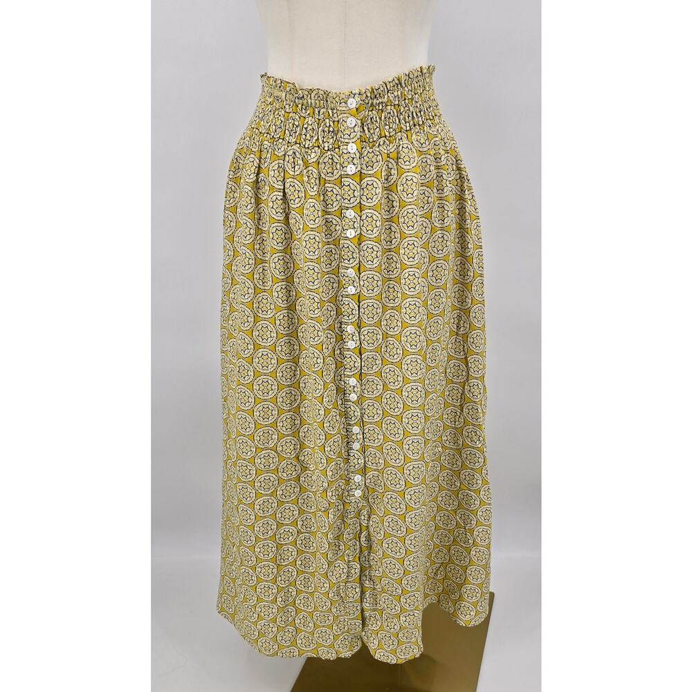 Mystree Boho Cottagecore Earthy Romantic Mustard Medallion Print Button‎ Skirt